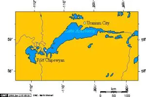 Lake Athabasca on Map with Uranium city